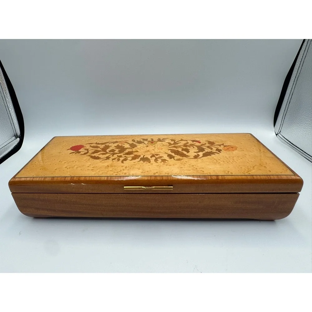 Vintage Italian Marquetry Wood Jewelry Music Box Floral Inlay Swiss Movement
